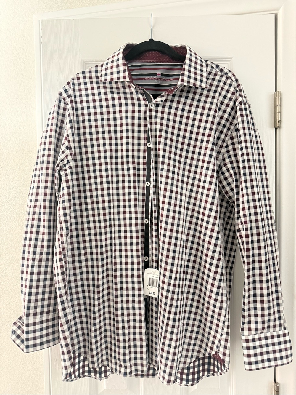 NWT Michelson's London Checkered Button Down Shirt in White, Burgundy & Black XL